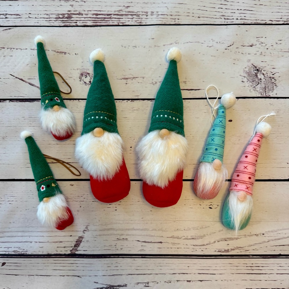 EUC Festive Gnome Ornaments Set- Pink, Green, Red, White Holiday Christmas Decor